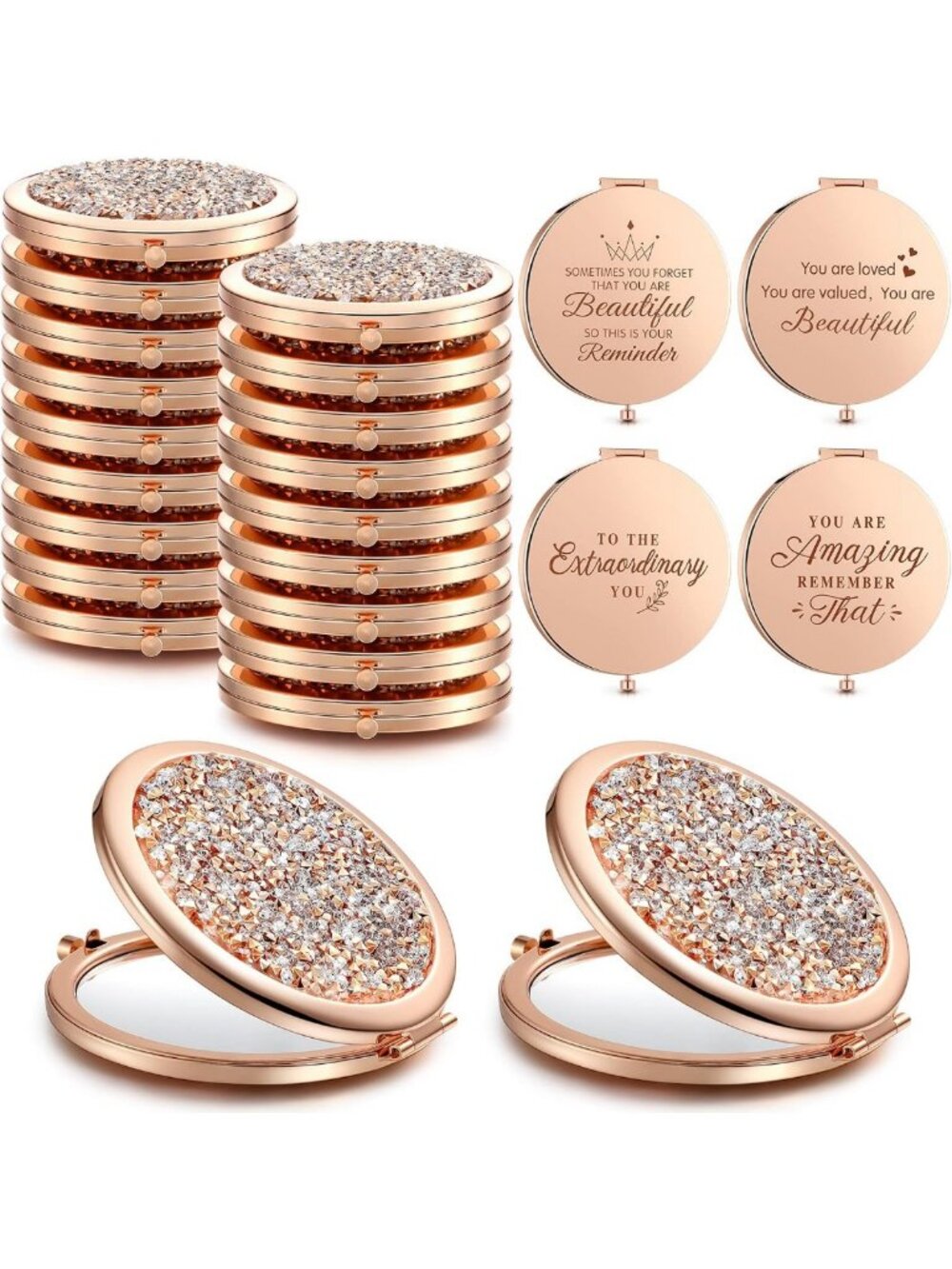 16 Pack Rose Gold Pocket Mirrors for Purse, Inspirational Travel Accessories